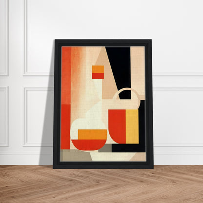 A geometric still-life painting featuring abstract shapes in warm tones of red, orange, yellow, and beige, contrasted with black elements.