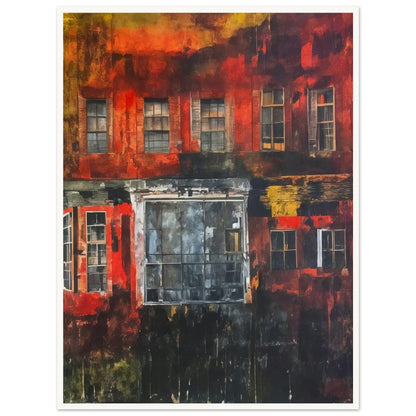 A dramatic painting of a building facade with vivid red, orange, and yellow tones, highlighting the textures and windows.