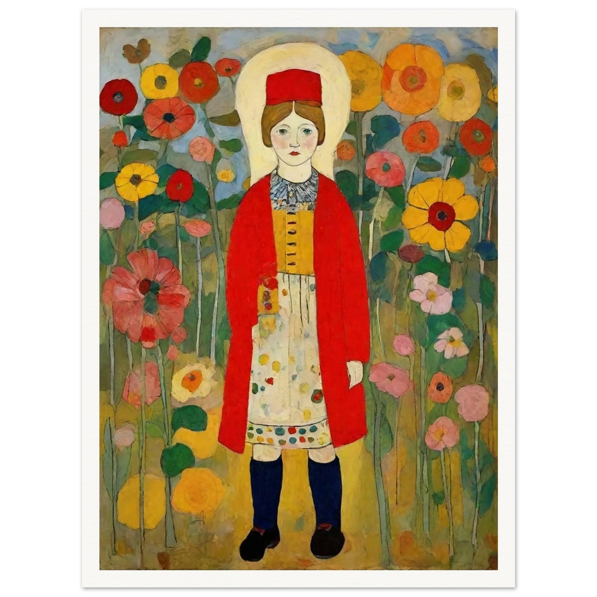 "A colorful painting of a young girl in traditional clothing, standing amidst a vibrant field of blooming flowers in shades of red, yellow, and pink."