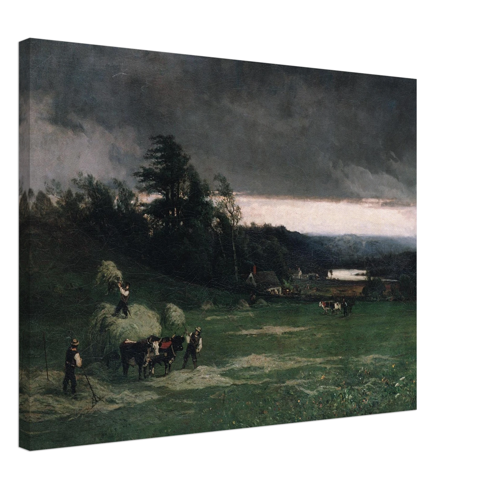 Workers gather hay in a green field under dark storm clouds