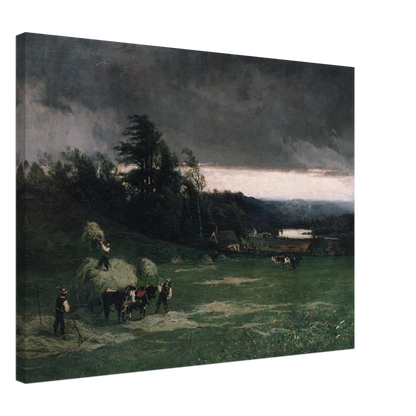 Workers gather hay in a green field under dark storm clouds