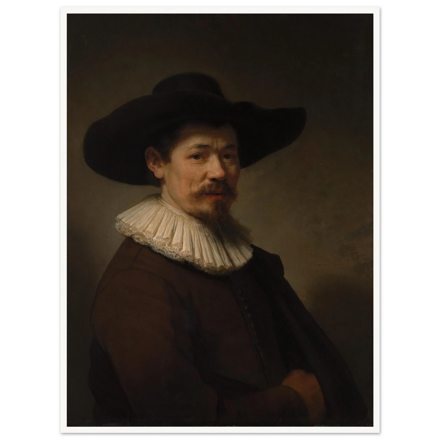 Portrait of Herman Doomer in a black hat, white ruff, and dark coat against a shadowed background