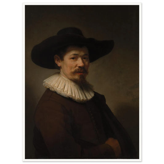 Portrait of Herman Doomer in a black hat, white ruff, and dark coat against a shadowed background