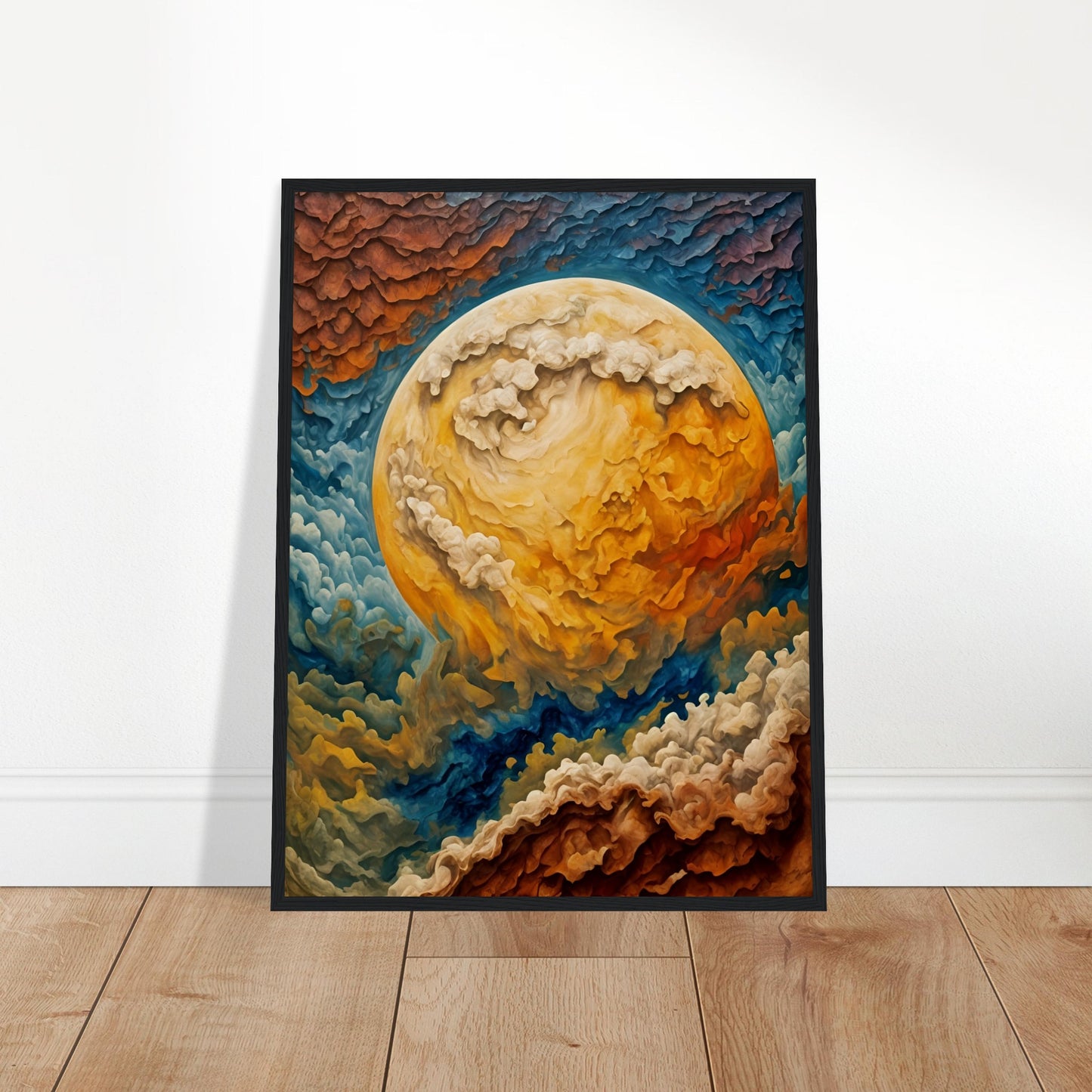 A mesmerizing cosmic painting depicting a massive swirling celestial body with fiery clouds in hues of gold, blue, and crimson.