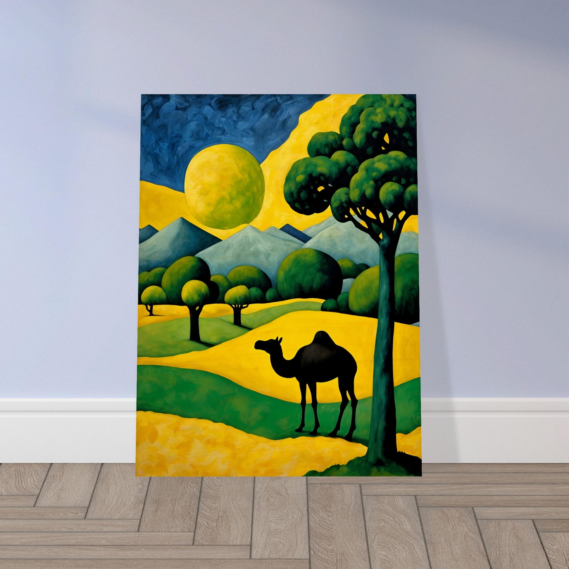 A surreal desert scene with a black camel silhouette against rolling golden dunes, lush green trees, and a glowing yellow moon.