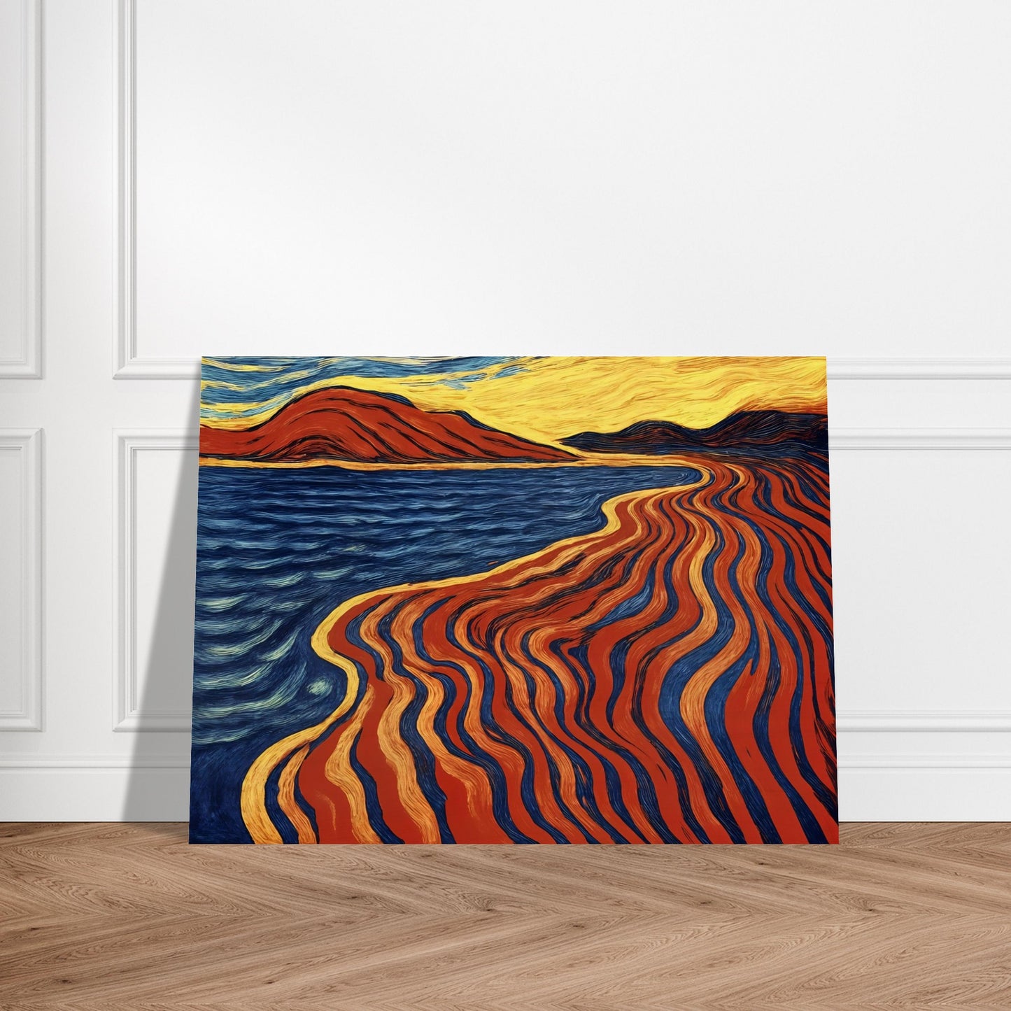 A bold coastal painting with flowing red, blue, and gold lines merging land and sea in a fiery, rhythmic motion.