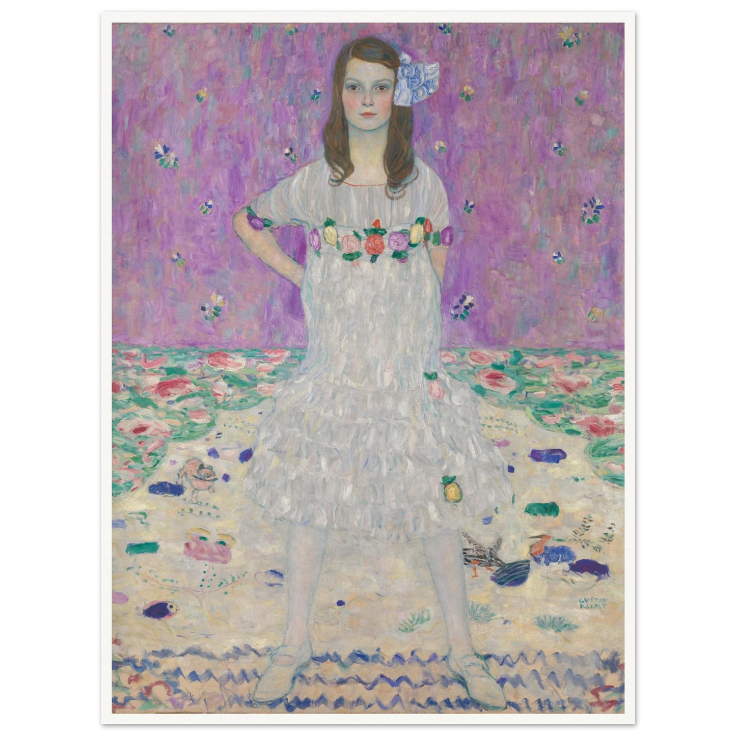 Young girl in a white floral dress stands against a pink patterned background