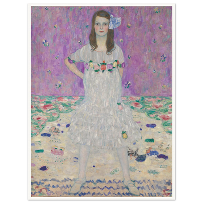 Young girl in a white floral dress stands against a pink patterned background