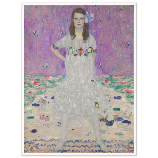Young girl in a white floral dress stands against a pink patterned background