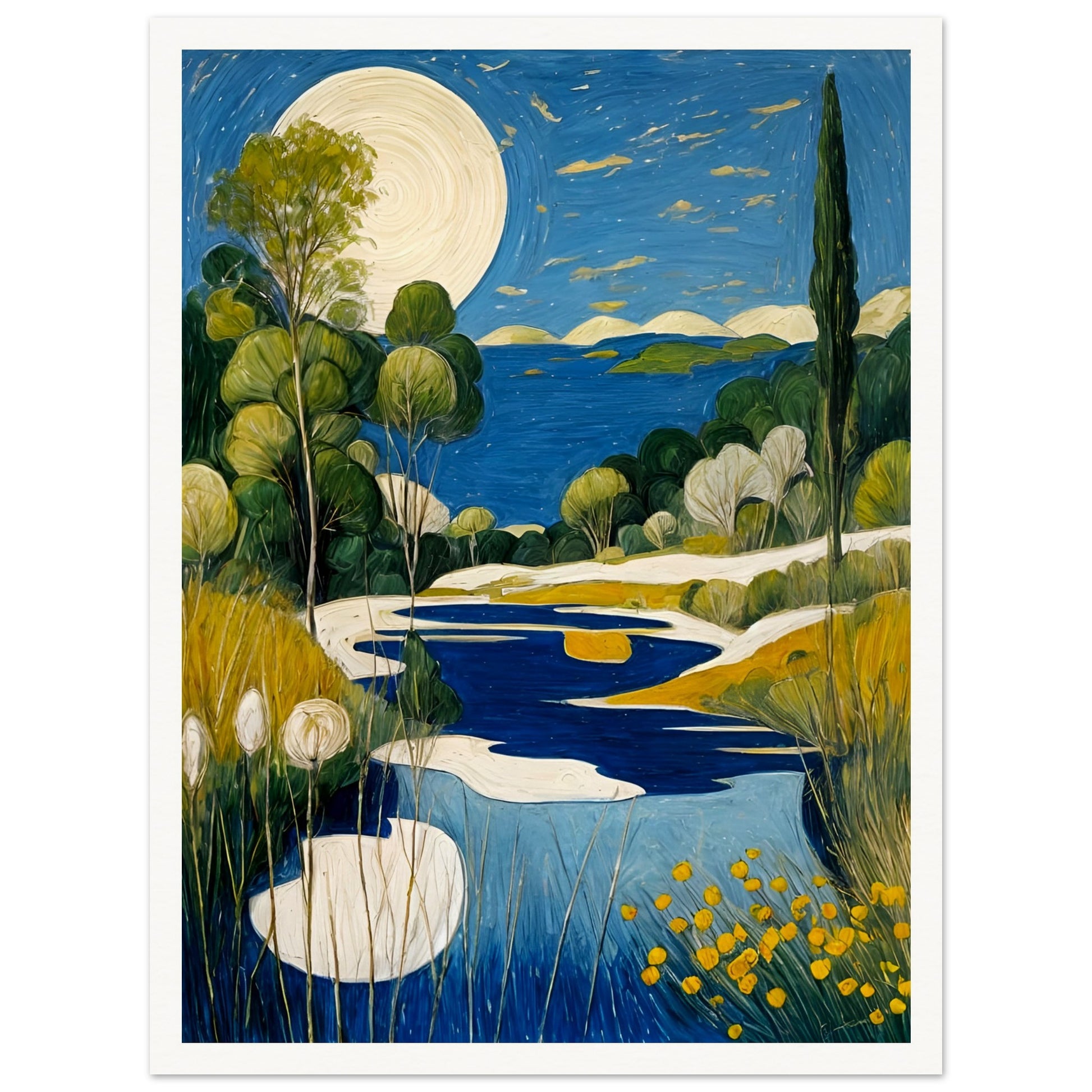 A peaceful landscape featuring a glowing full moon over a blue lake, surrounded by lush greenery and golden wildflowers under a starlit sky.