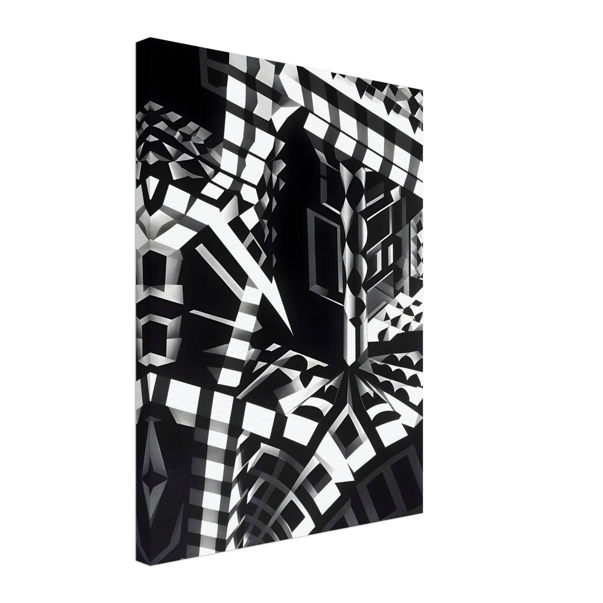 A striking black-and-white geometric composition with sharp angular patterns, distorted perspectives, and abstract architectural elements creating an optical illusion.