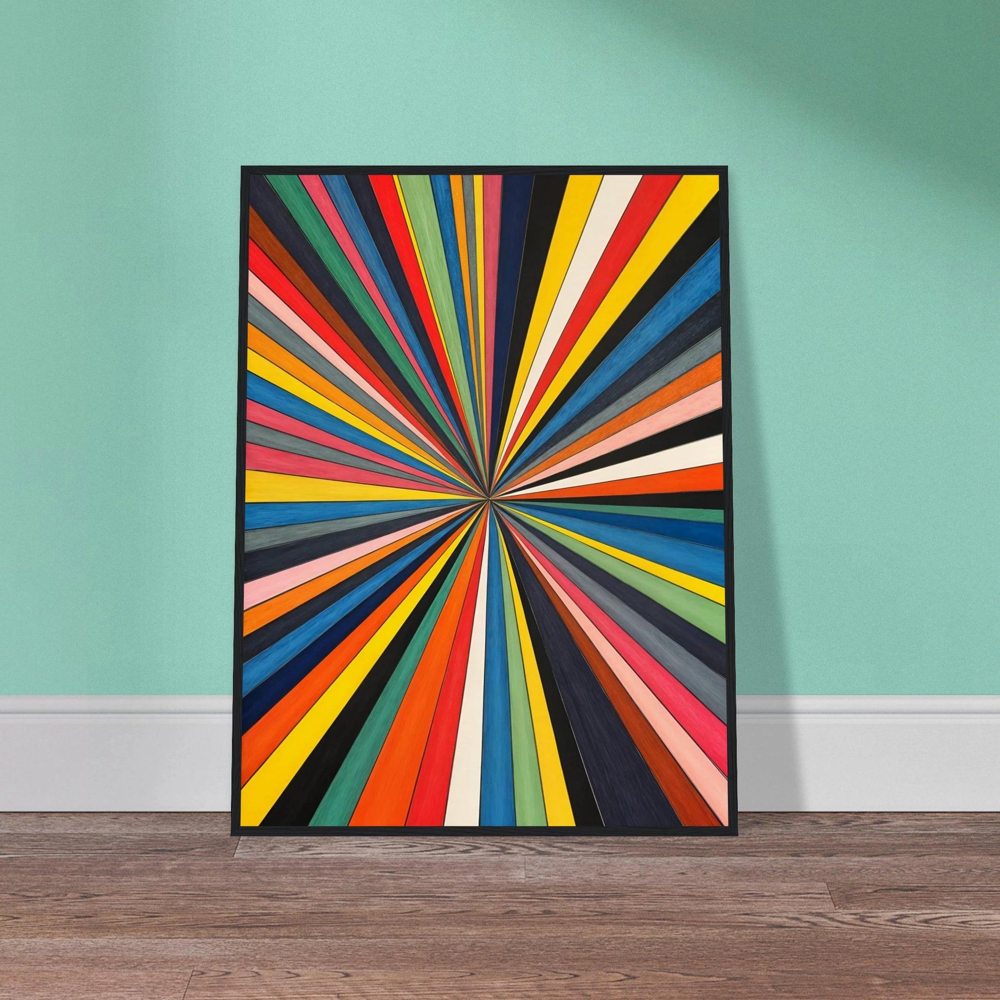 Dynamic explosion of multicolored rays converges at a central point, creating a bold visual of energy, motion, and vibrant perspective.