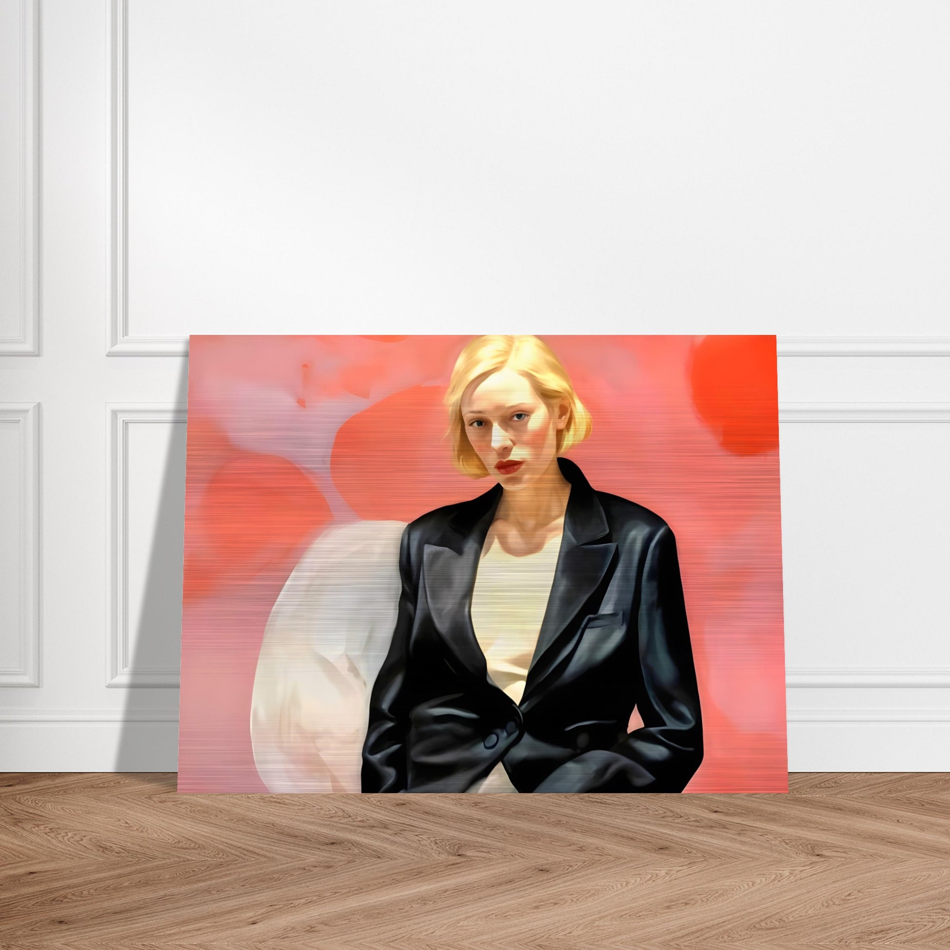 A striking portrait of a blonde woman in a black leather blazer, seated against a vibrant pink and red abstract background, exuding confidence and poise.