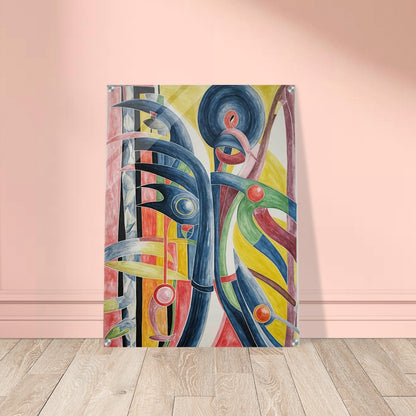 An abstract artwork featuring dynamic curves and circles in bold, contrasting colors, evoking movement and energy.