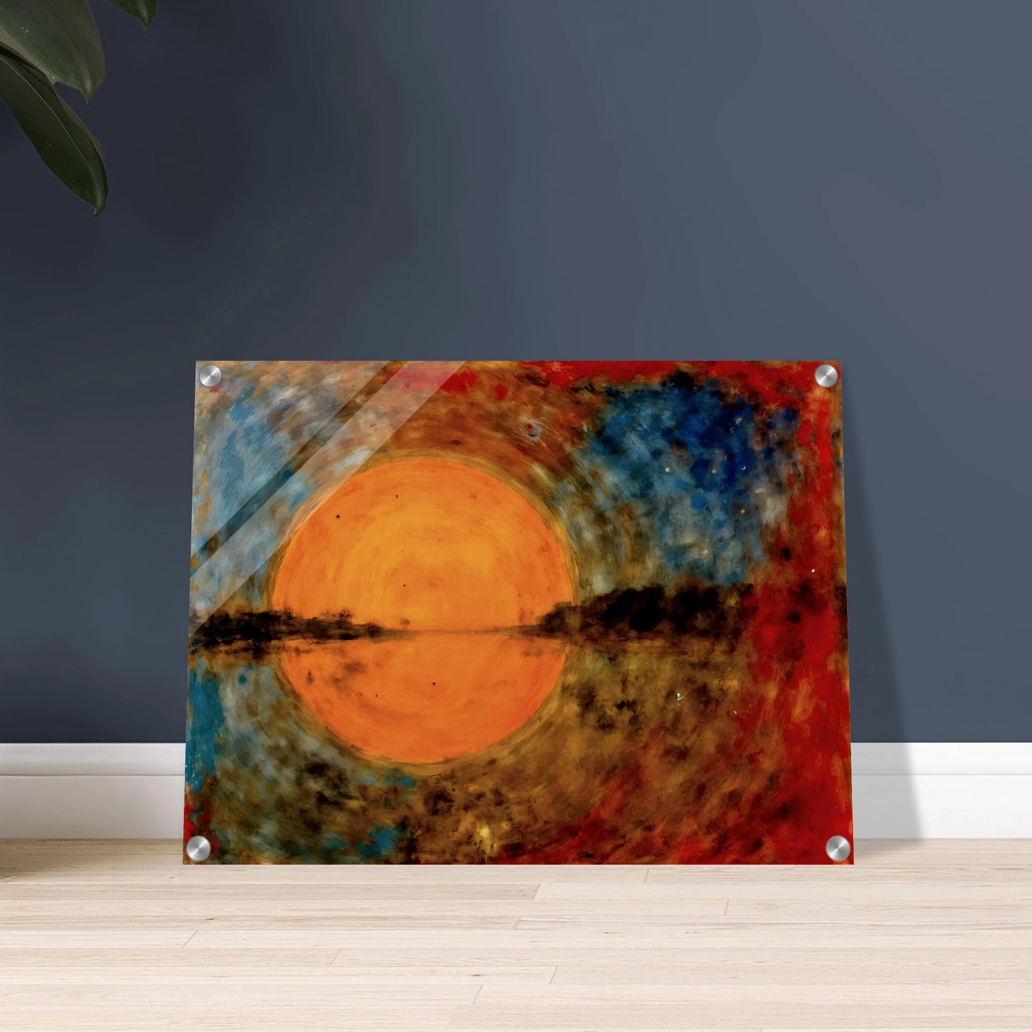 A radiant orange sun glows over reflective waters, framed by fiery reds, deep blues, and textured skies in a dreamlike scene.