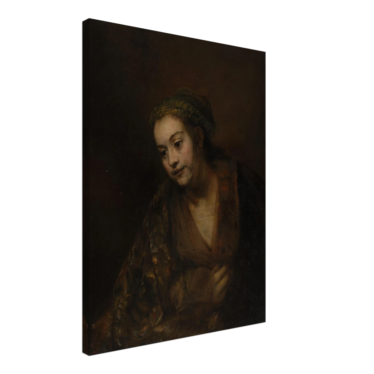 A softly lit woman looks downward while holding her robe against a dark brown background.