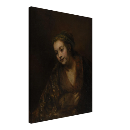 A softly lit woman looks downward while holding her robe against a dark brown background.