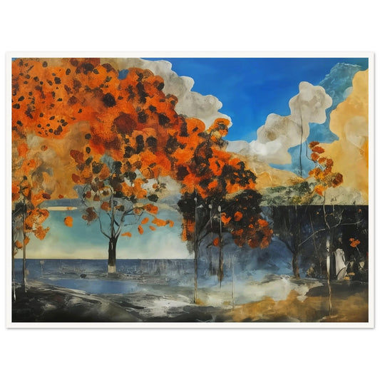 A captivating painting of autumn trees with vibrant orange foliage set against a bright blue sky and dark, shadowy foreground.