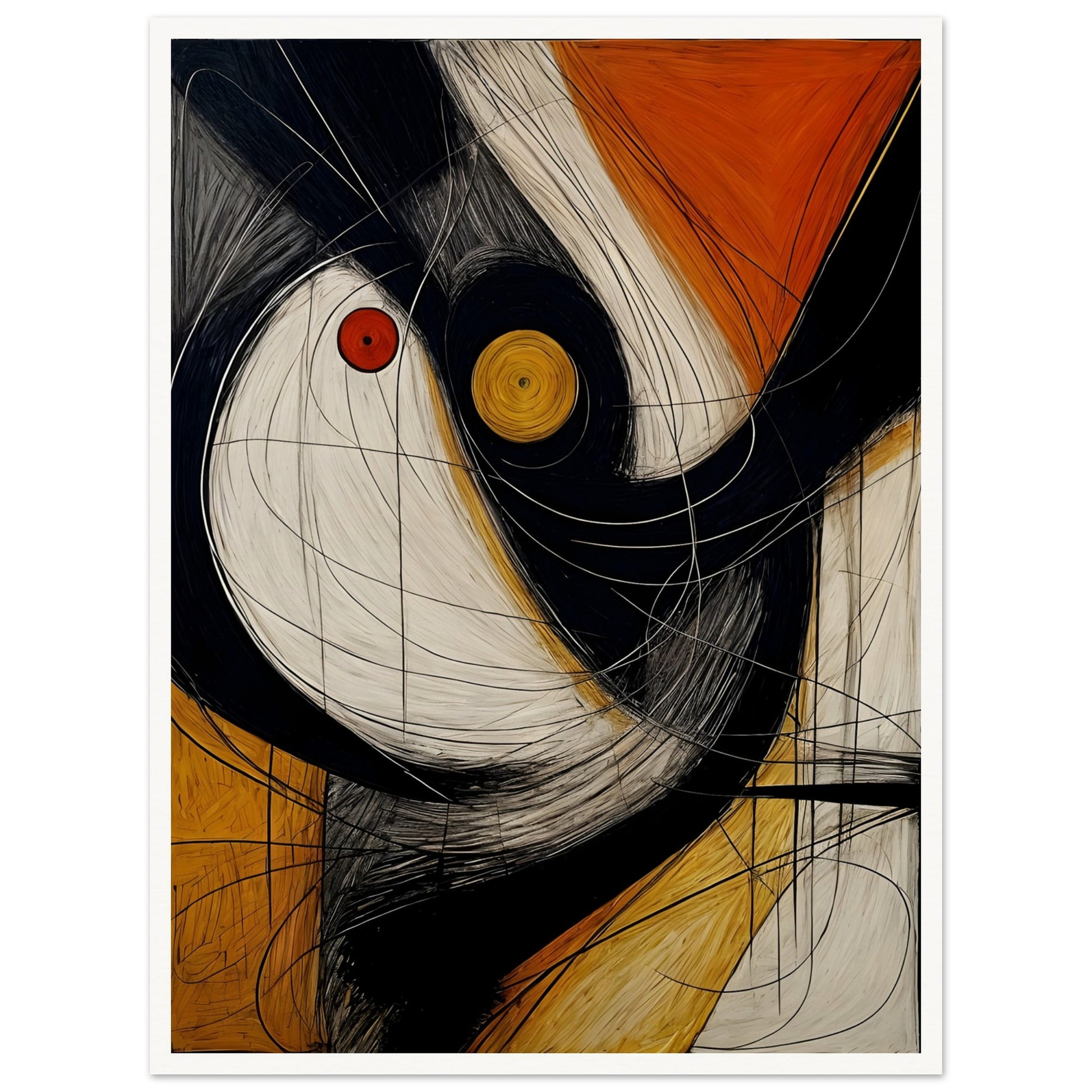 An abstract artwork featuring bold black, white, and orange shapes with dynamic, swirling lines and circular accents in red and yellow.