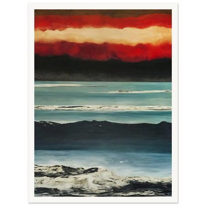 A dramatic painting capturing a coastal landscape at sunset. The sky is filled with intense red and orange hues, transitioning into darker tones as it meets the horizon. Below, the calm sea reflects the varying shades of blue, while the shoreline is marked by rugged, textured terrain. The contrasting colors and textures create a powerful and moody atmosphere in this evocative seascape.