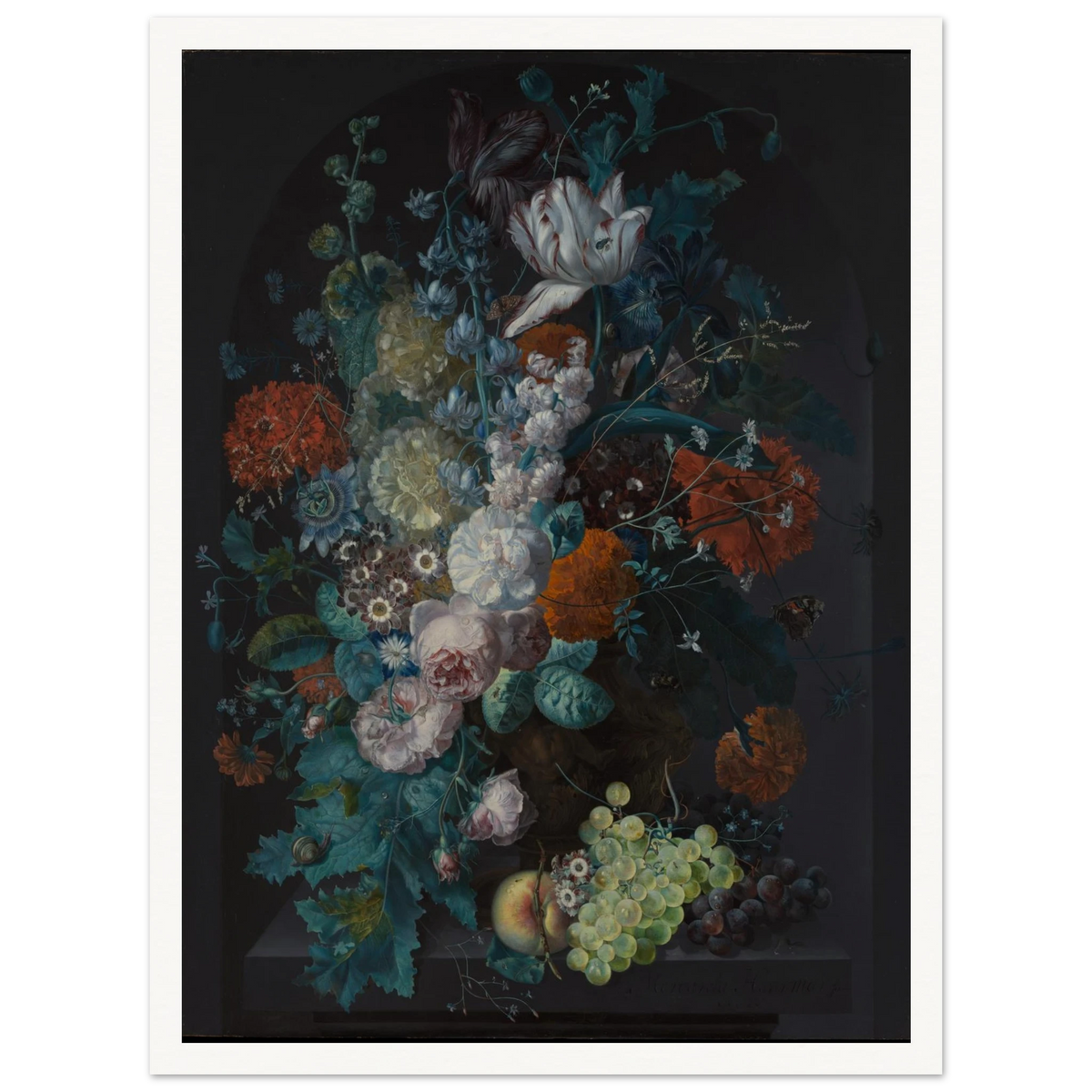 Lavish bouquet of tulips, roses, and peonies with grapes and peaches against a dark background.