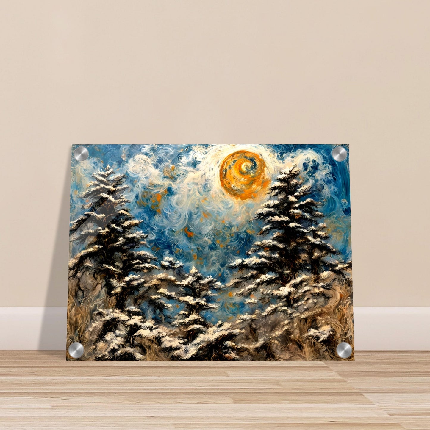 A mesmerizing winter landscape painting with swirling snow-covered trees, a glowing golden sun, and a vibrant blue sky with intricate textures.