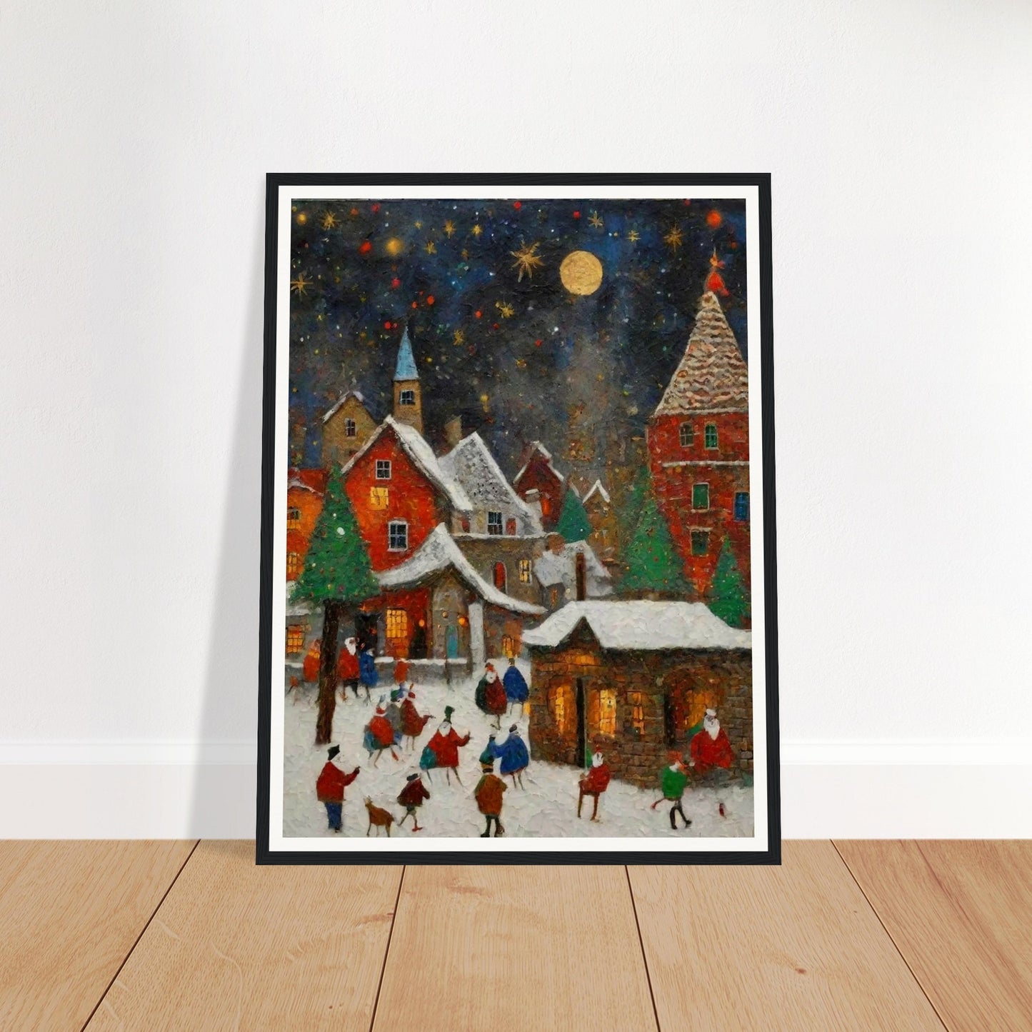 A cozy village at night, illuminated by a golden moon and stars, with snow-covered rooftops, evergreen trees, and people enjoying festive activities.