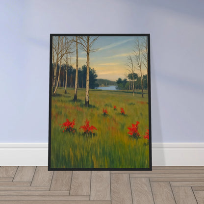 A tranquil meadow with red wildflowers, slender trees, and a calm lake in the distance under a soft pastel sky.