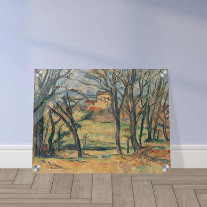 Bare trees frame yellow houses and fields in a softly painted countryside landscape.