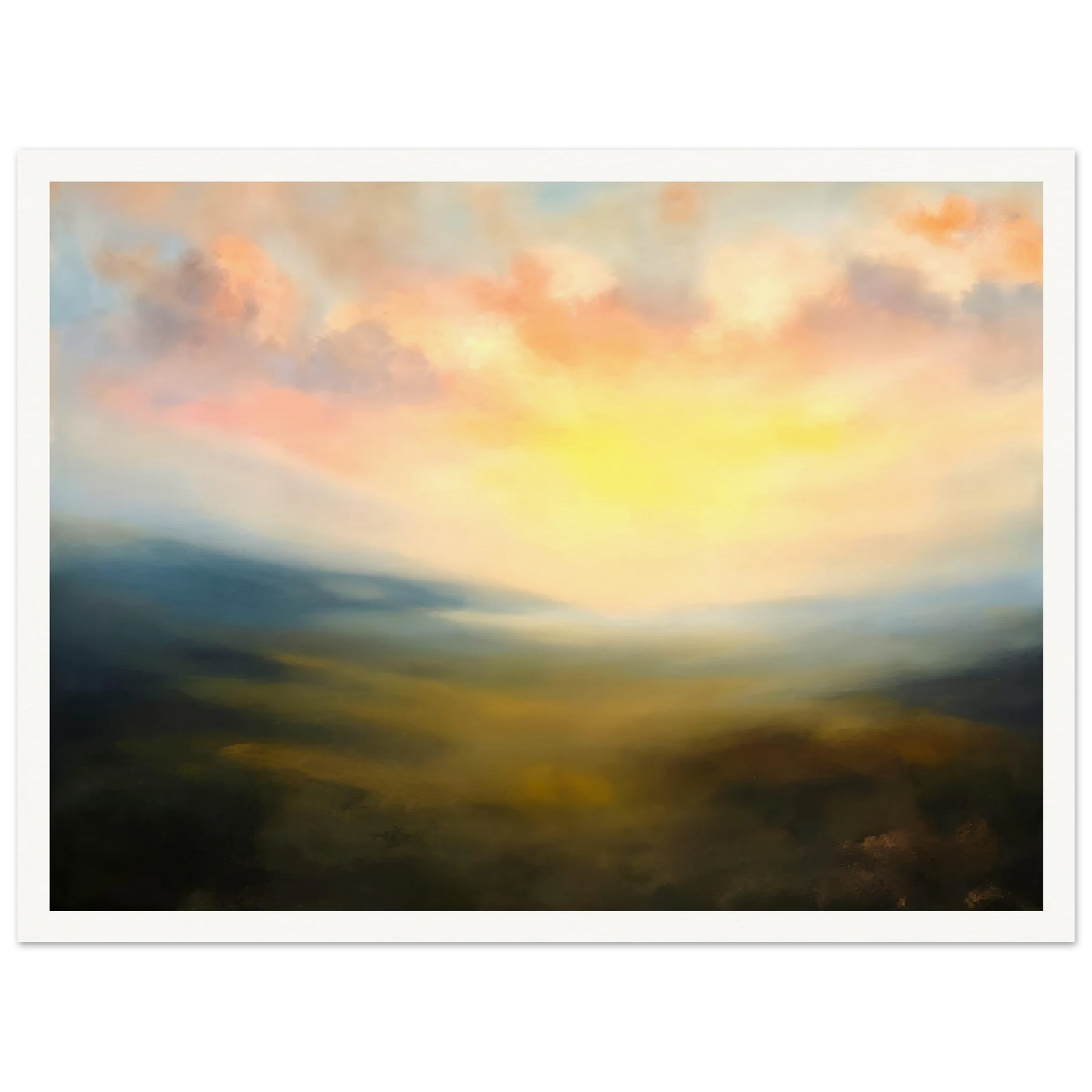 A serene atmospheric landscape featuring a glowing sunrise over mist-covered hills, with soft pink clouds and golden light spreading across a hazy valley.
