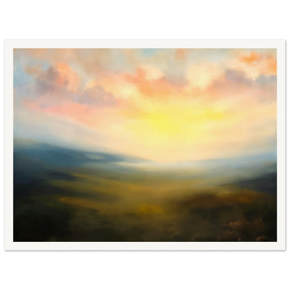 A serene atmospheric landscape featuring a glowing sunrise over mist-covered hills, with soft pink clouds and golden light spreading across a hazy valley.