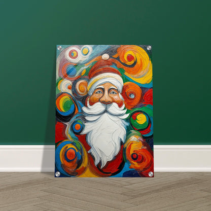 A vibrant and whimsical painting of Santa Claus surrounded by colorful swirling patterns, evoking a cheerful holiday spirit.