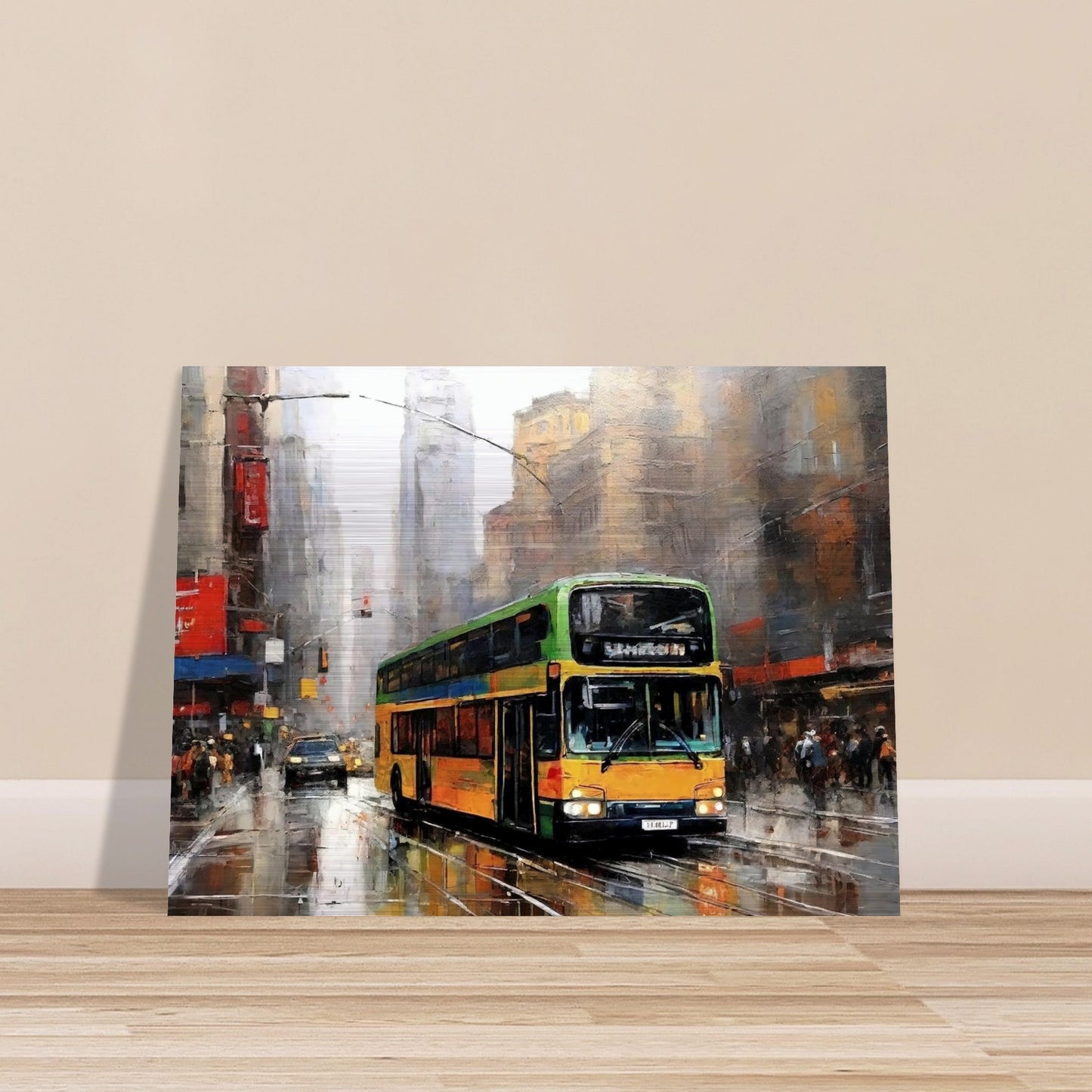 "A vibrant painting of a double-decker bus driving through a busy, rain-soaked city street, with tall buildings and reflections creating an atmospheric urban scene."