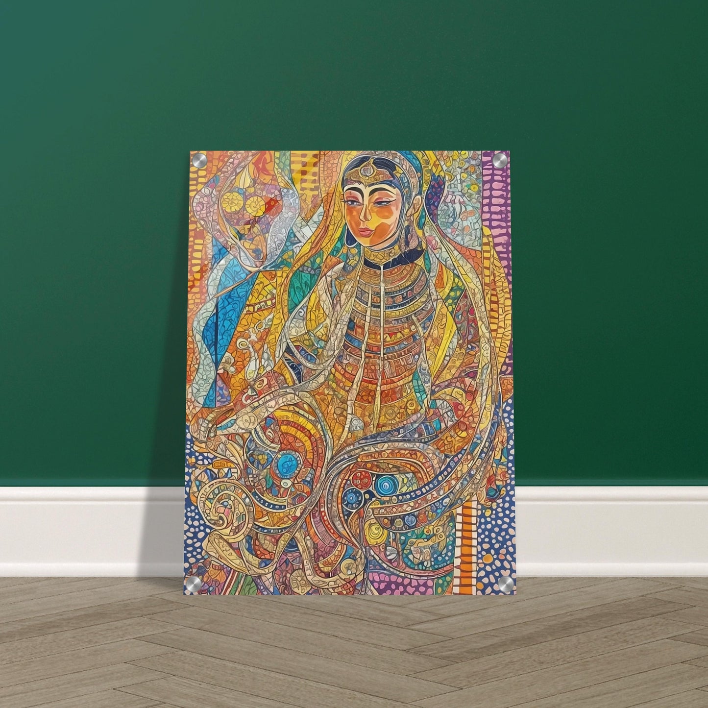 A vibrant mosaic-style artwork depicting a regal woman in intricate traditional attire, surrounded by vivid colors and patterns.