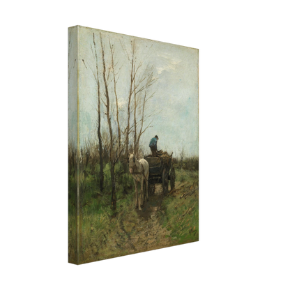 A man loads branches onto a horse cart along a muddy lane beneath bare trees.