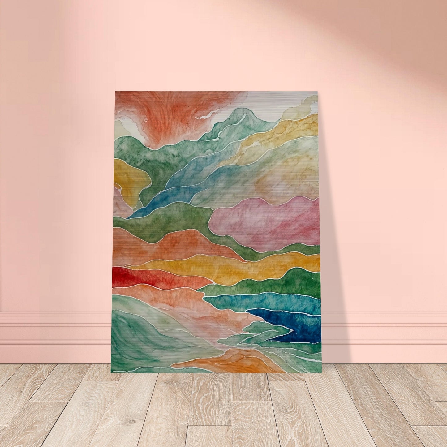 Abstract watercolor painting depicting fluid, layered mountains in a spectrum of colors, creating a sense of natural movement.