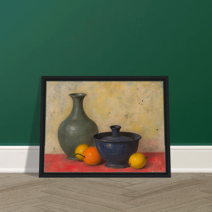 Blue and green ceramic vessels rest on a red surface beside lemons and an orange, against a softly textured neutral wall.
