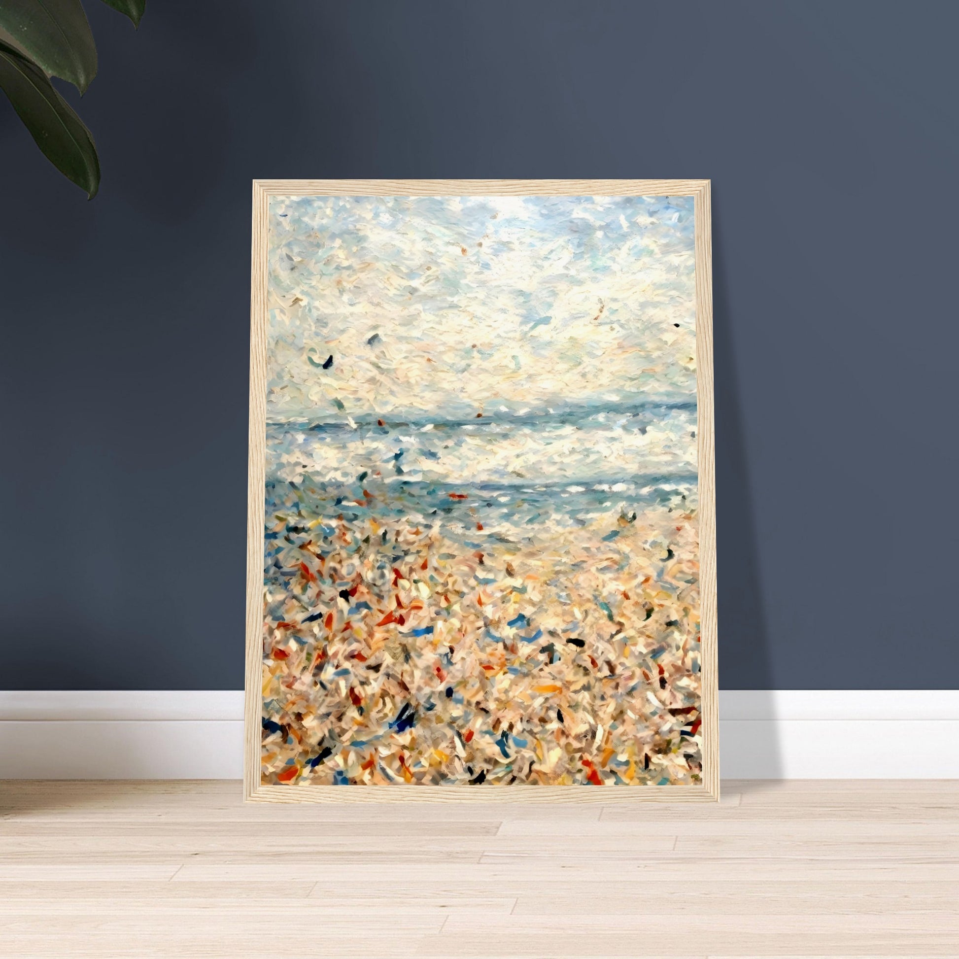 An impressionistic seascape with soft blues, whites, and sandy tones, depicting a sunlit beach with shimmering water and scattered colors.