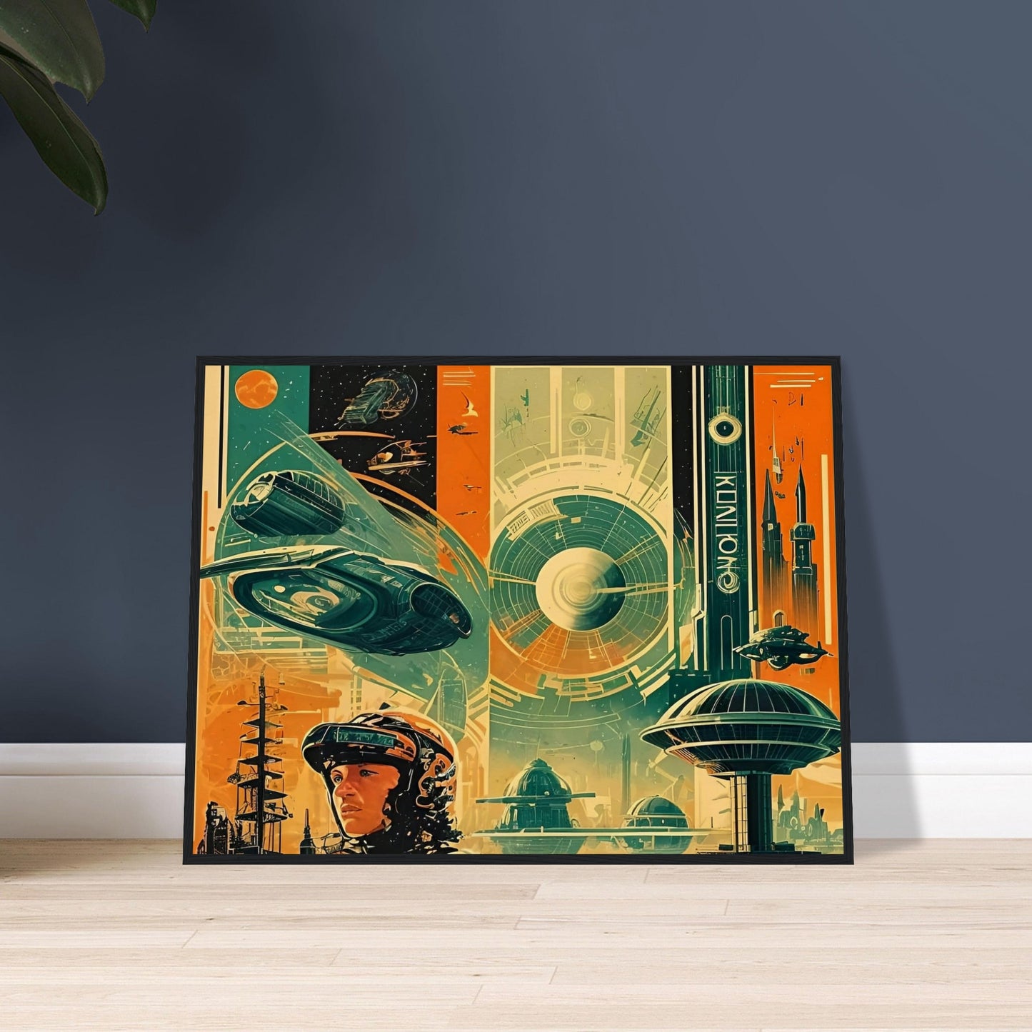 A vibrant, futuristic scene featuring a space traveler amidst advanced spacecraft, towering space structures, and a distant planet's atmosphere in bold shades of orange, teal, and blue.