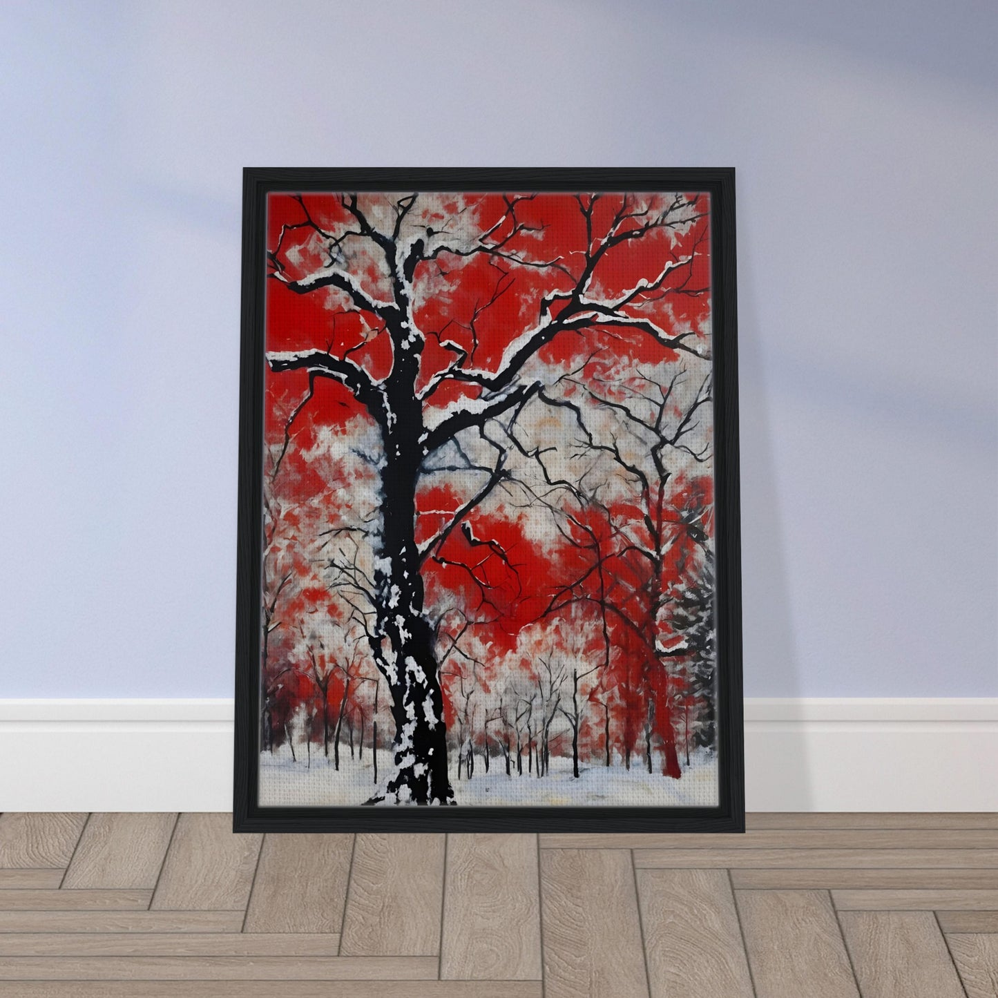 Snow-draped black tree branches standing stark against a vivid red and white sky, evoking a fiery yet wintry contrast.