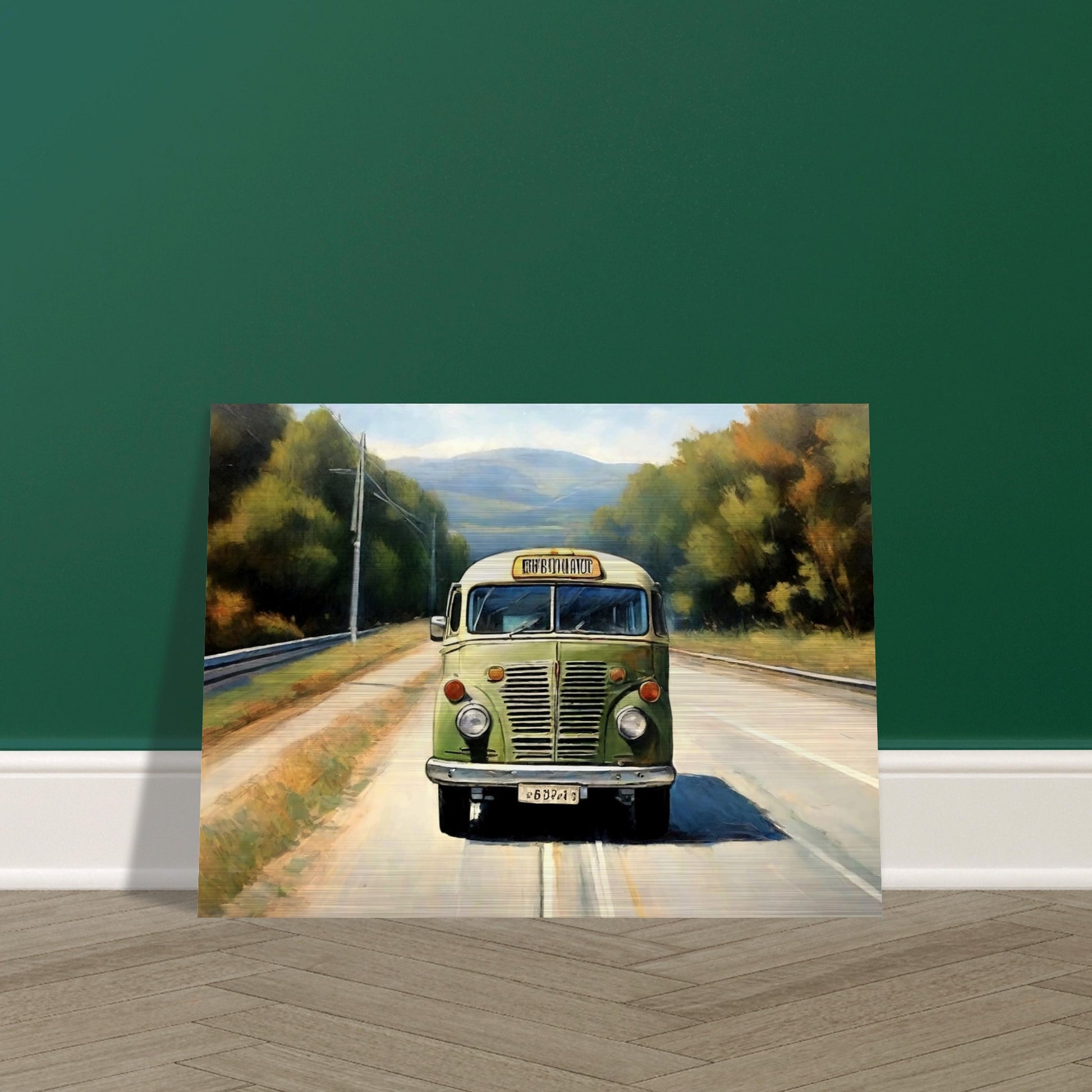 "A nostalgic painting of a vintage green bus traveling on a peaceful countryside road, surrounded by trees and distant hills."