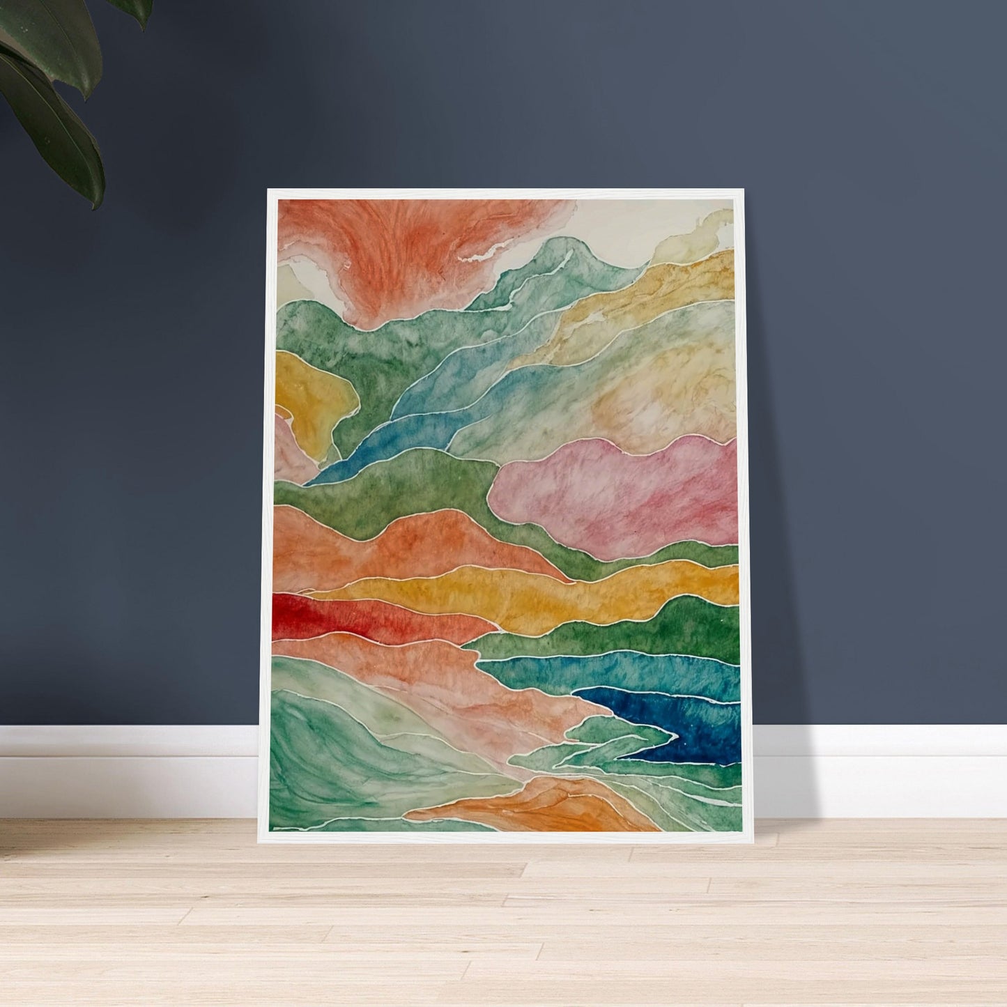 Abstract watercolor painting depicting fluid, layered mountains in a spectrum of colors, creating a sense of natural movement.