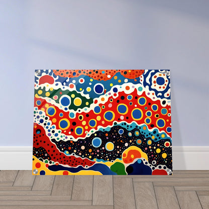 A vivid painting with bold, circular patterns and flowing waves of red, blue, yellow, and black, evoking a cosmic, energetic motion.