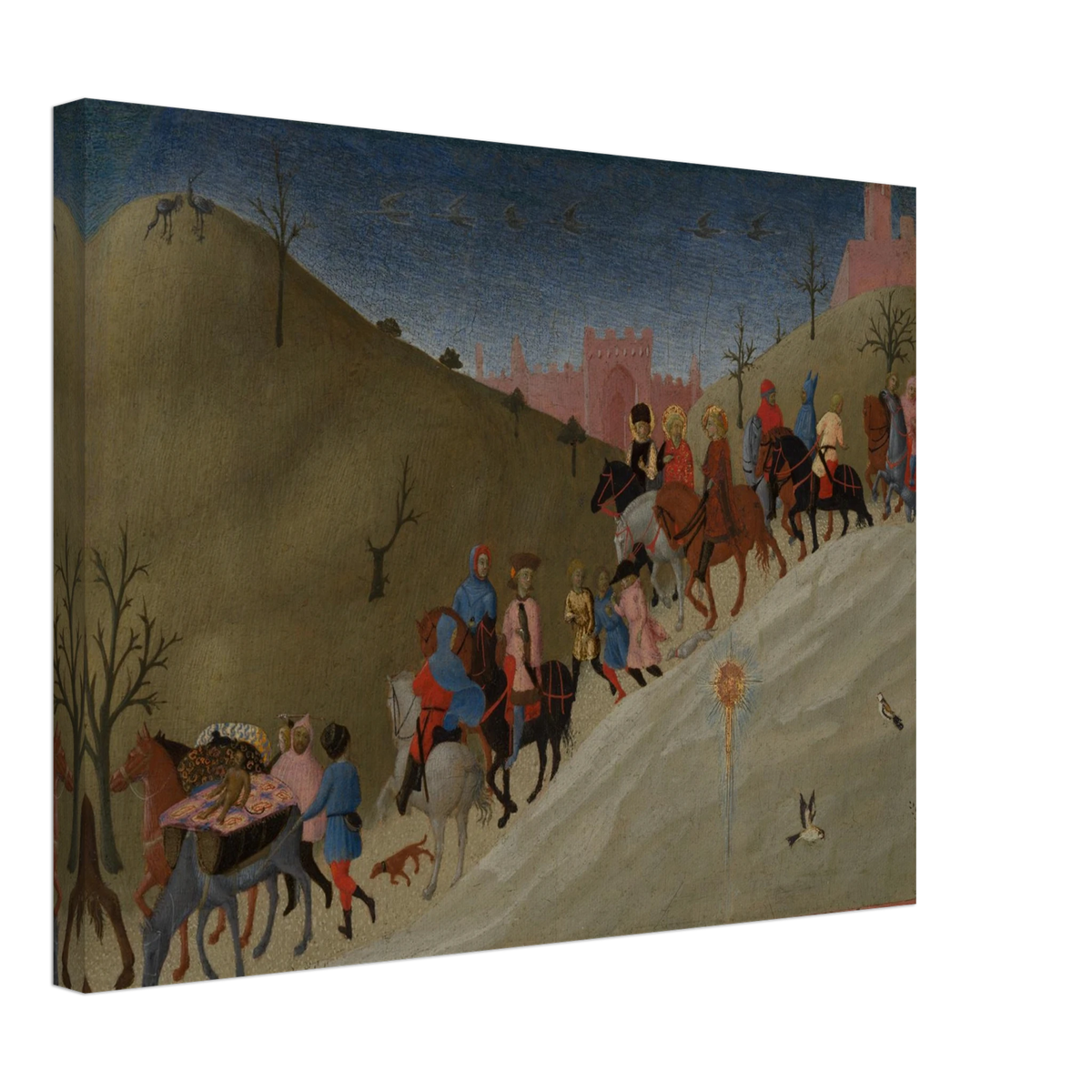 A procession of riders travels through rolling hills toward a pink city under a dark blue sky.