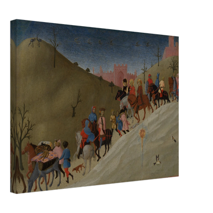 A procession of riders travels through rolling hills toward a pink city under a dark blue sky.