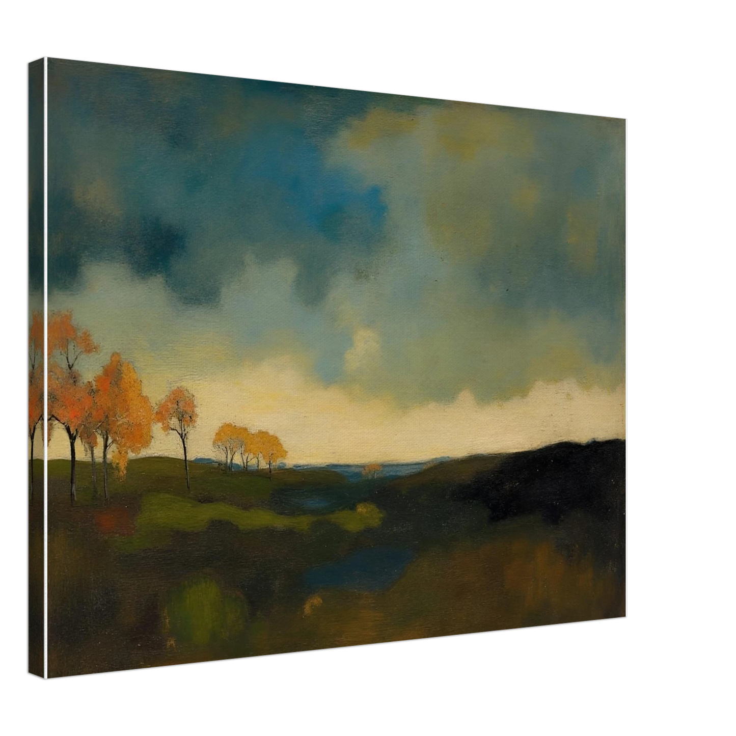 Golden autumn trees stand beneath heavy blue-gray clouds over dark rolling fields.