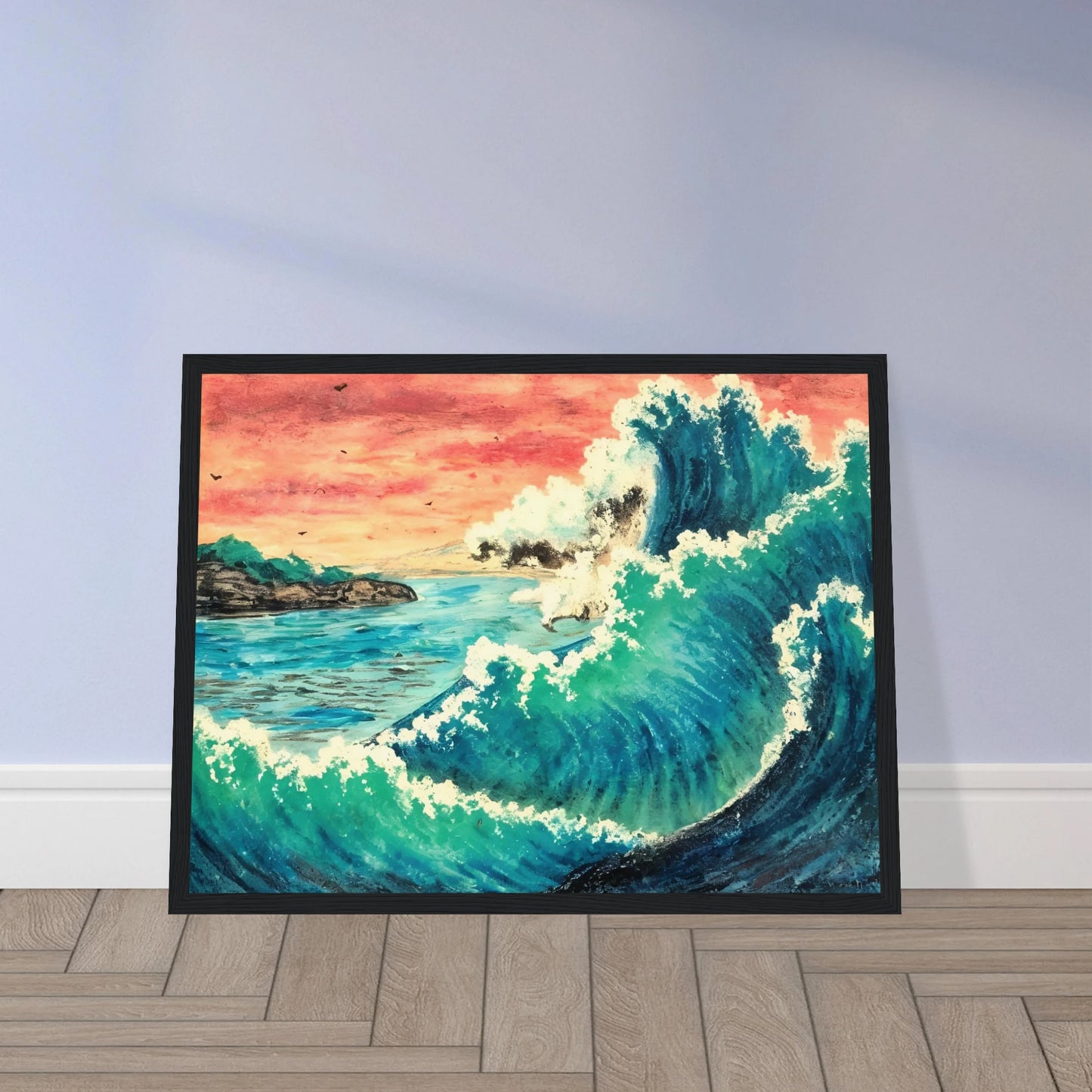 Towering ocean wave crashes under a fiery sunset sky, with distant cliffs and birds in view.