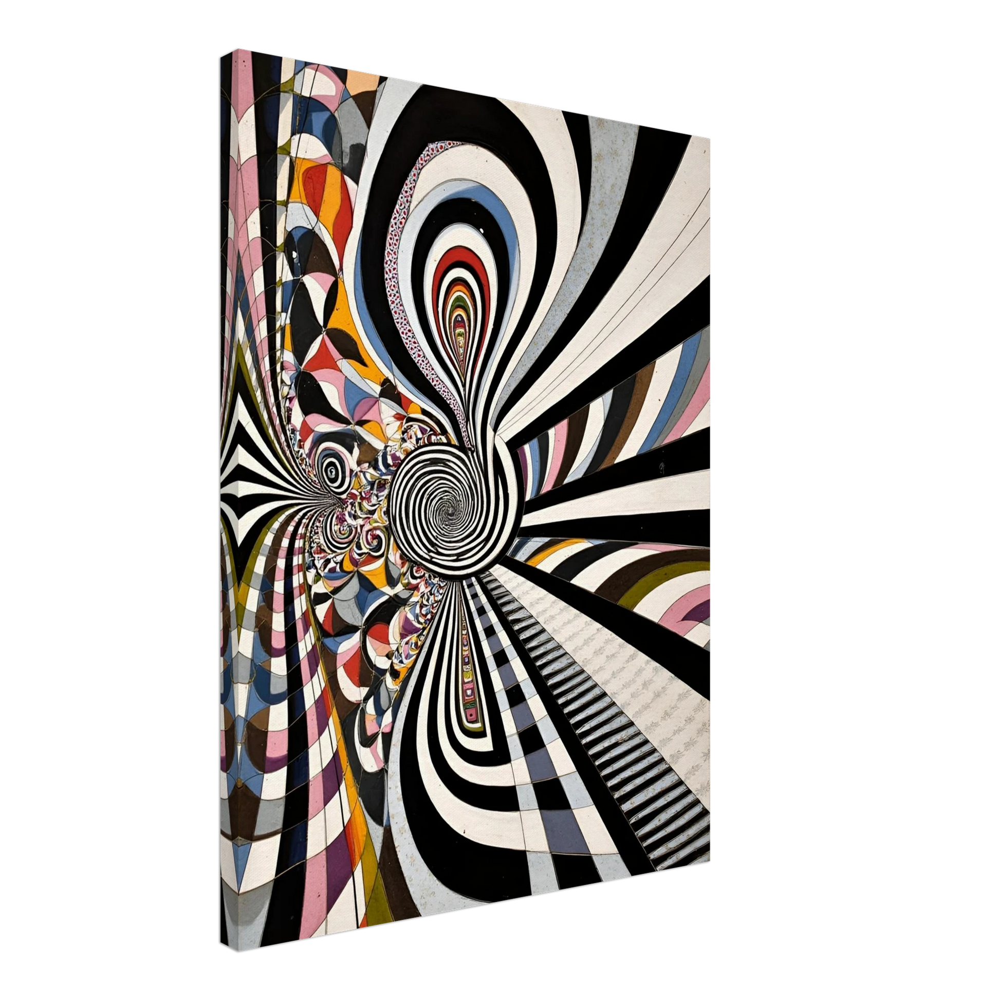 Hypnotic black-and-white spirals twist through colorful geometric pathways, creating a surreal optical journey of motion, depth, and endless illusion.