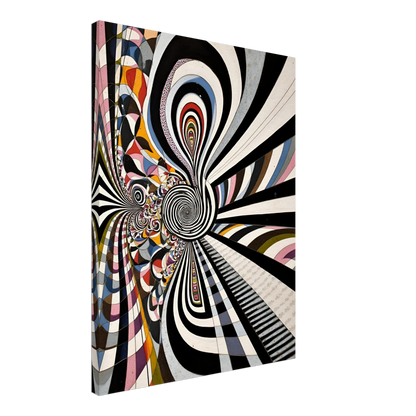Hypnotic black-and-white spirals twist through colorful geometric pathways, creating a surreal optical journey of motion, depth, and endless illusion.