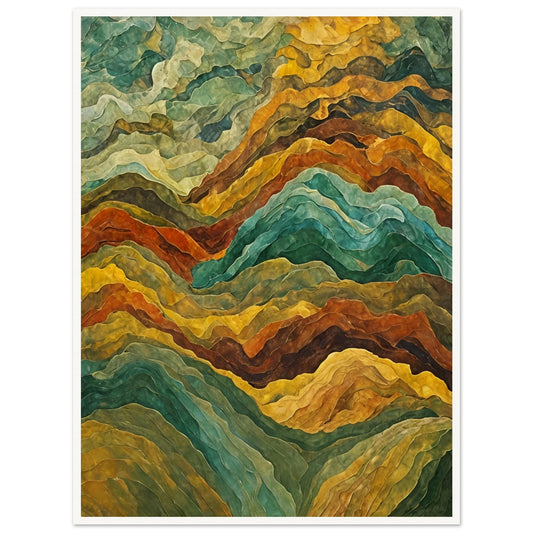 An abstract landscape of layered mountains in rich earthy tones of green, gold, and brown, resembling a textured, flowing terrain.